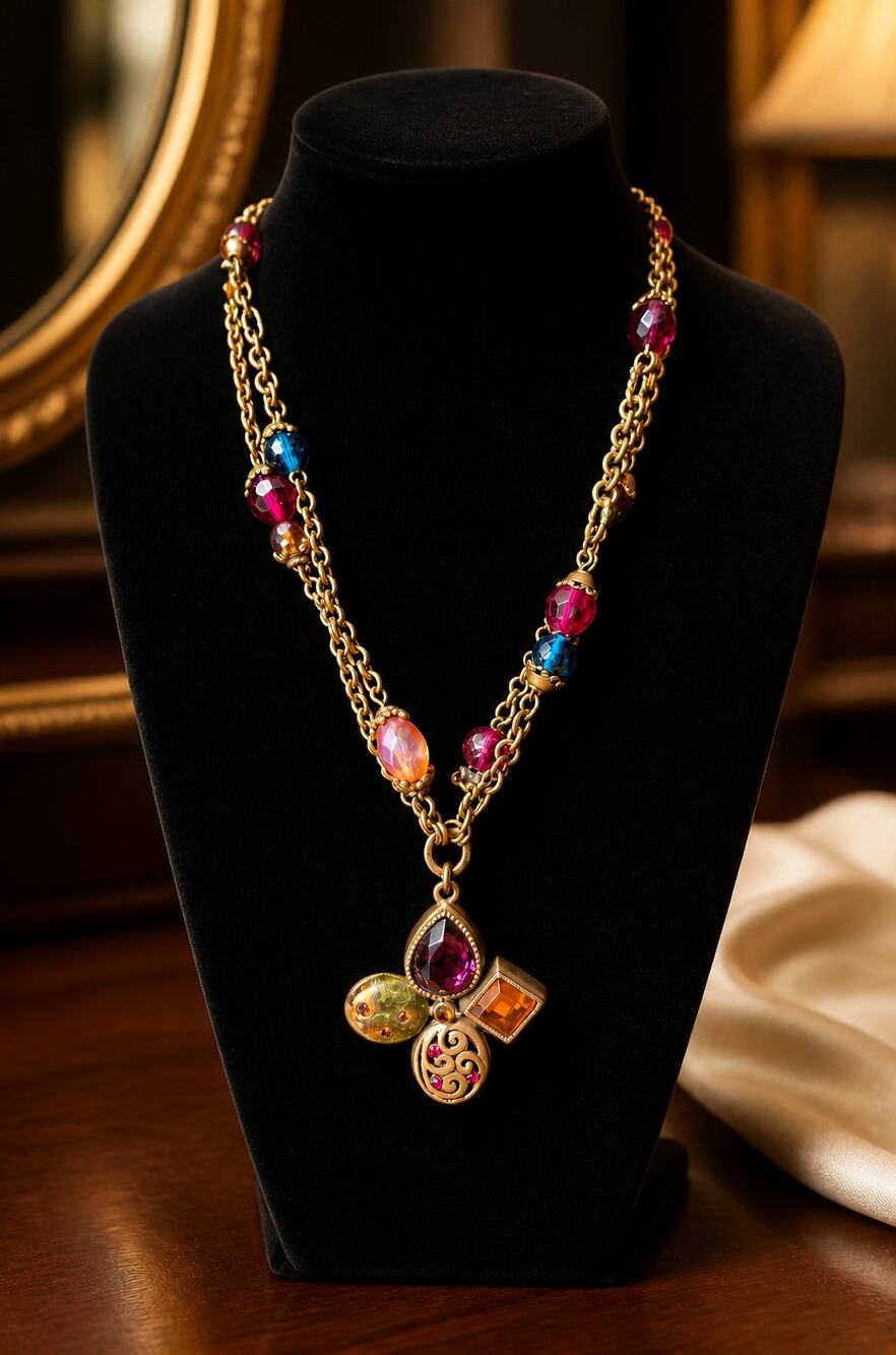 Gold Tone Multicolor Beaded Charm Pendant Necklace from Chicco's